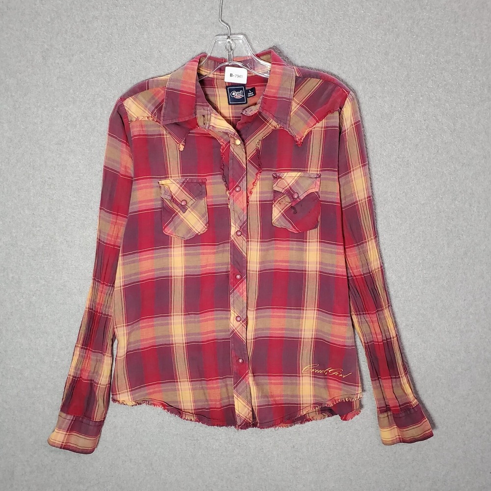 Cruel Girl Women Top Large Red Plaid Western Button Up Pearl Snap Pocket READ